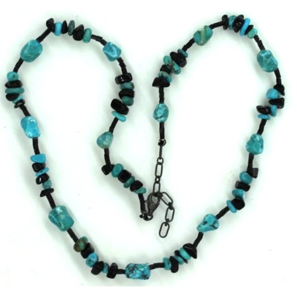 925 STERLING Native American style turquoise/onyx necklace VINTAGE 13.4 grams 17 - Picture 4 of 6